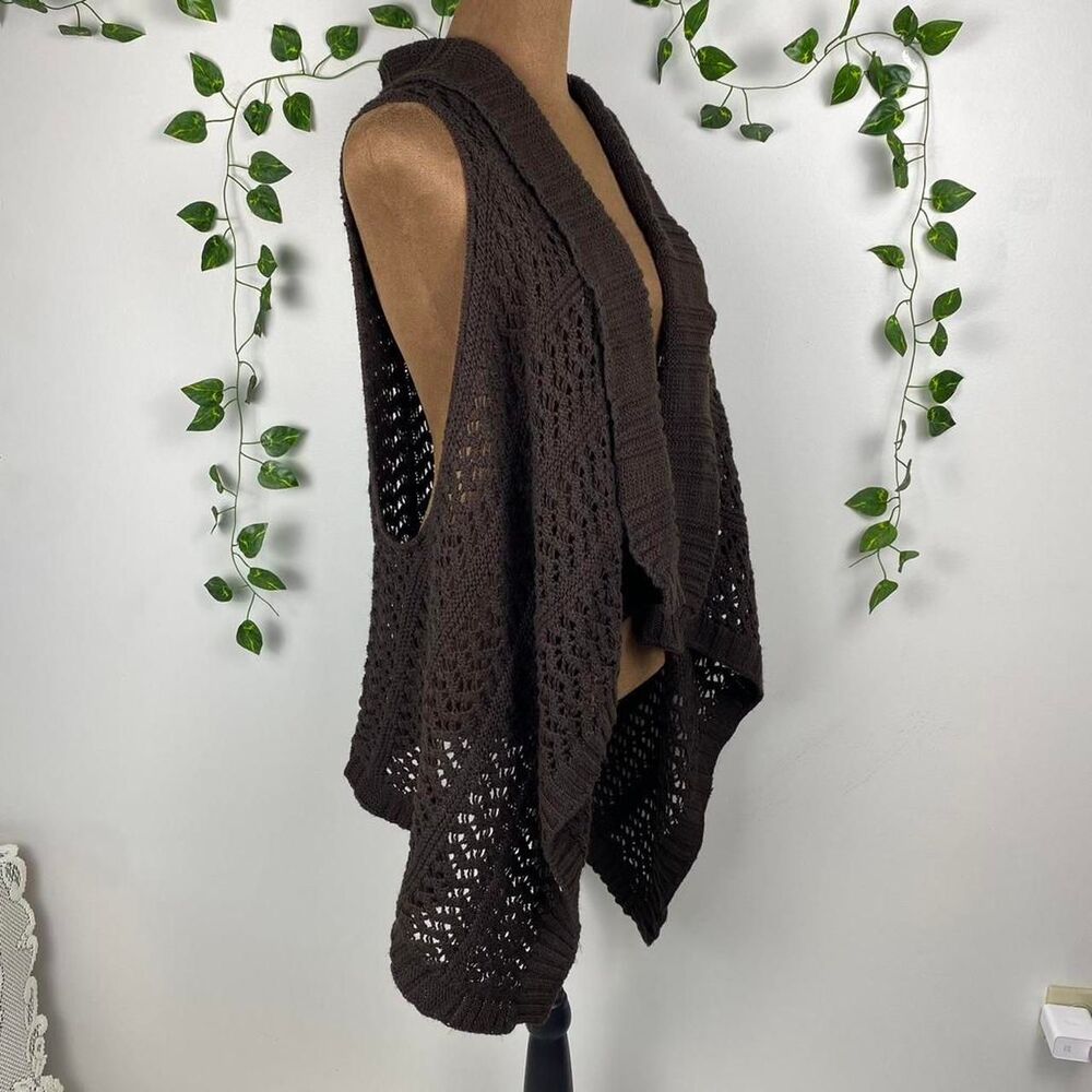 Lane Bryant brown crochet knit ruffle front waterfall sleeveless cardigan